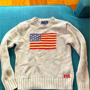 Girls Polo Cable Knit Gray Sweater with Flag